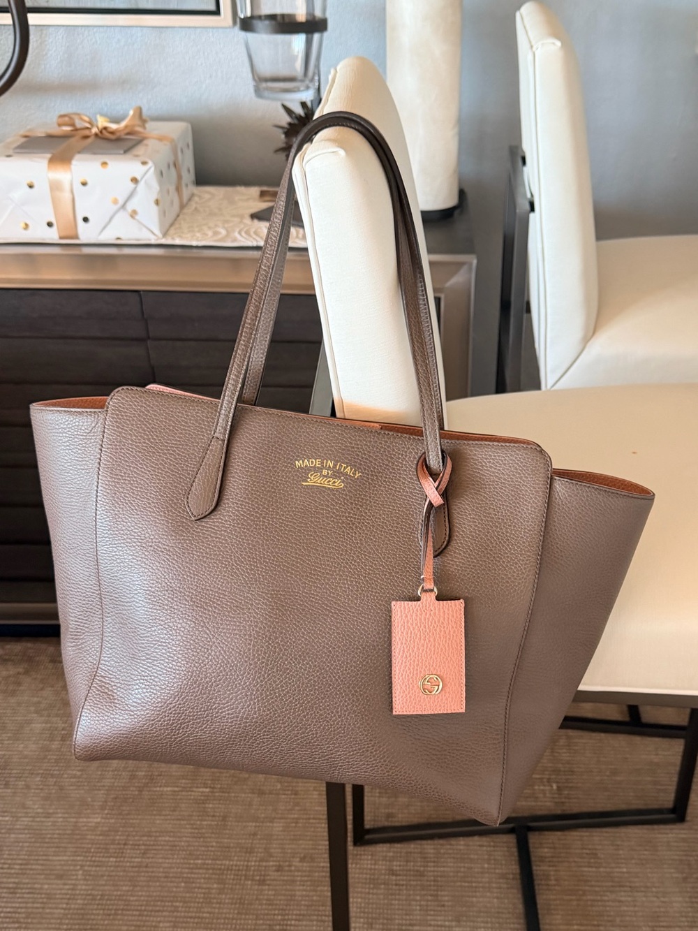 Gucci Brown Tote with Pink Luggage Tag